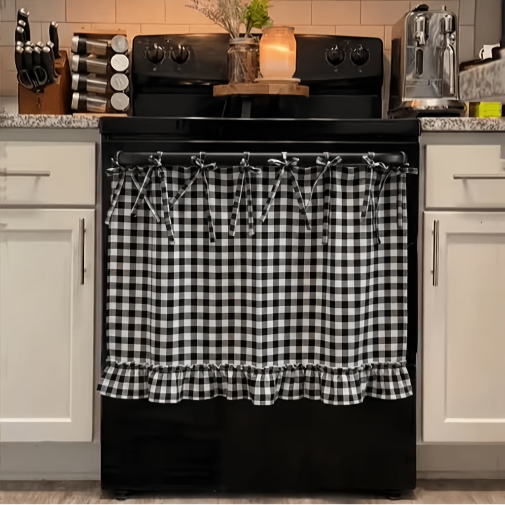 Farmhouse Oven Skirt Curtain – Handmade Checkered Ruffled Drawstring Decorative Panels for Oven, Stove & Cabinet Covers | Rustic Kitchen Appliance Decor | Nuvia Haven