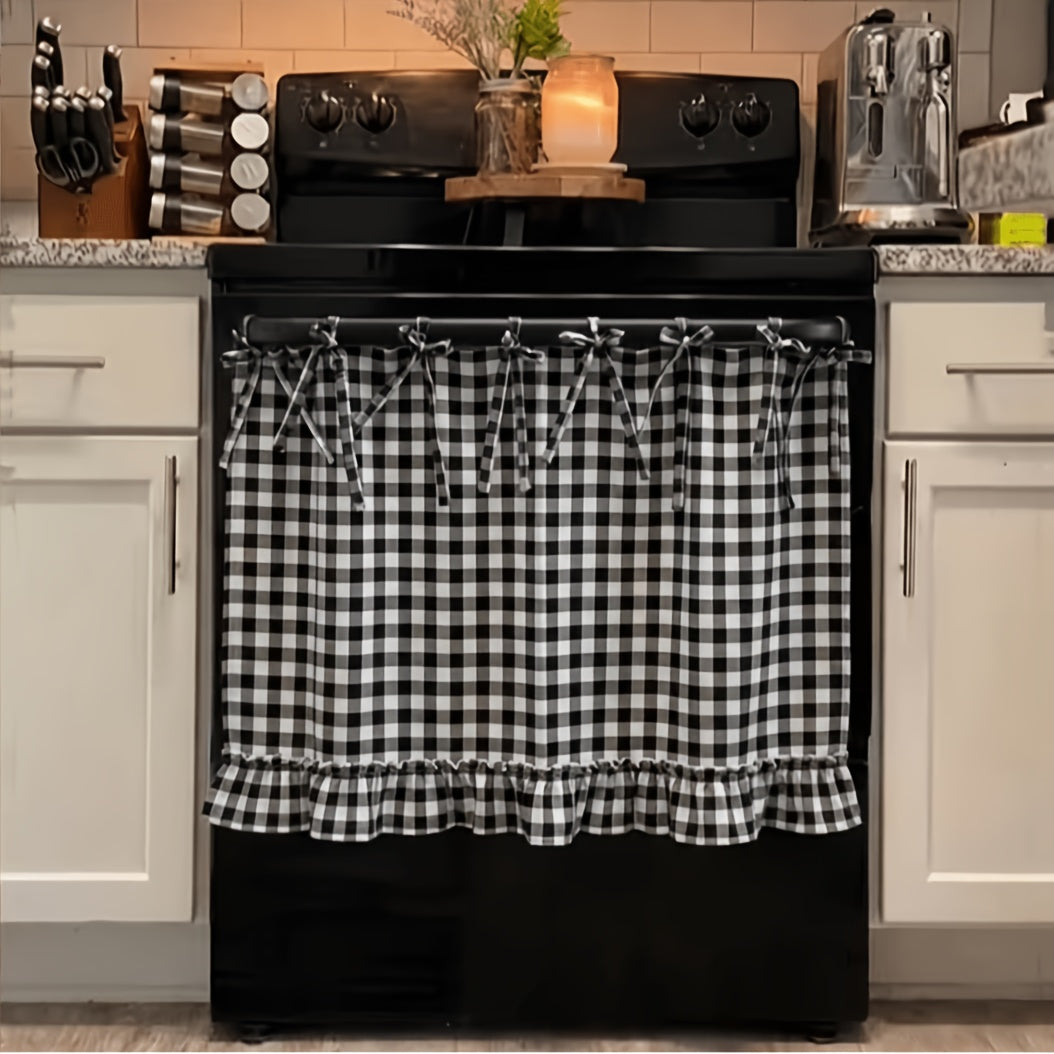Farmhouse Oven Skirt Curtain – Handmade Checkered Ruffled Drawstring Decorative Panels for Oven, Stove & Cabinet Covers | Rustic Kitchen Appliance Decor | Nuvia Haven