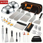 BBQ Grill Tool Set with Cast Iron Meat Press & Meat Thermometer - Complete Outdoor Barbecue Accessories Kit for Teppanyaki Grilling, Backyard Parties & Father's Day Gift