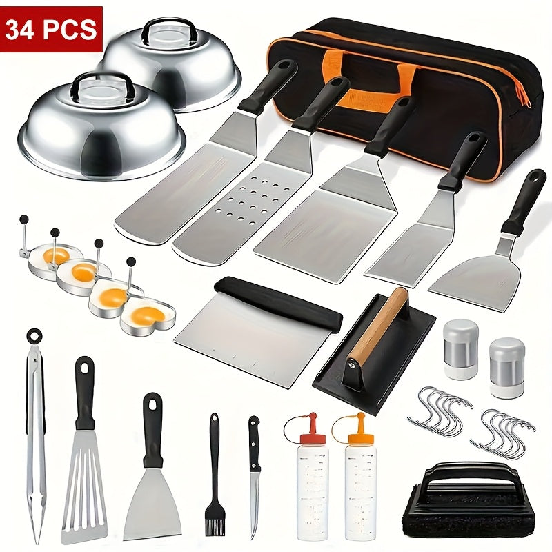 BBQ Grill Tool Set with Cast Iron Meat Press & Meat Thermometer - Complete Outdoor Barbecue Accessories Kit for Teppanyaki Grilling, Backyard Parties & Father's Day Gift