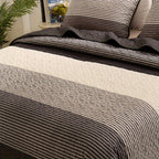 Striped Quilted Coverlet Set 3 Piece – Brushed Soft Warm Black Grey White Bedspread with 2 Pillowcases for Bedroom & Guest Room, No Insert