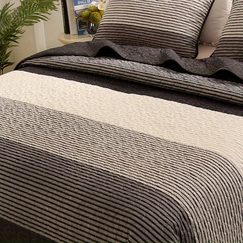 Striped Quilted Coverlet Set 3 Piece – Brushed Soft Warm Black Grey White Bedspread with 2 Pillowcases for Bedroom & Guest Room, No Insert