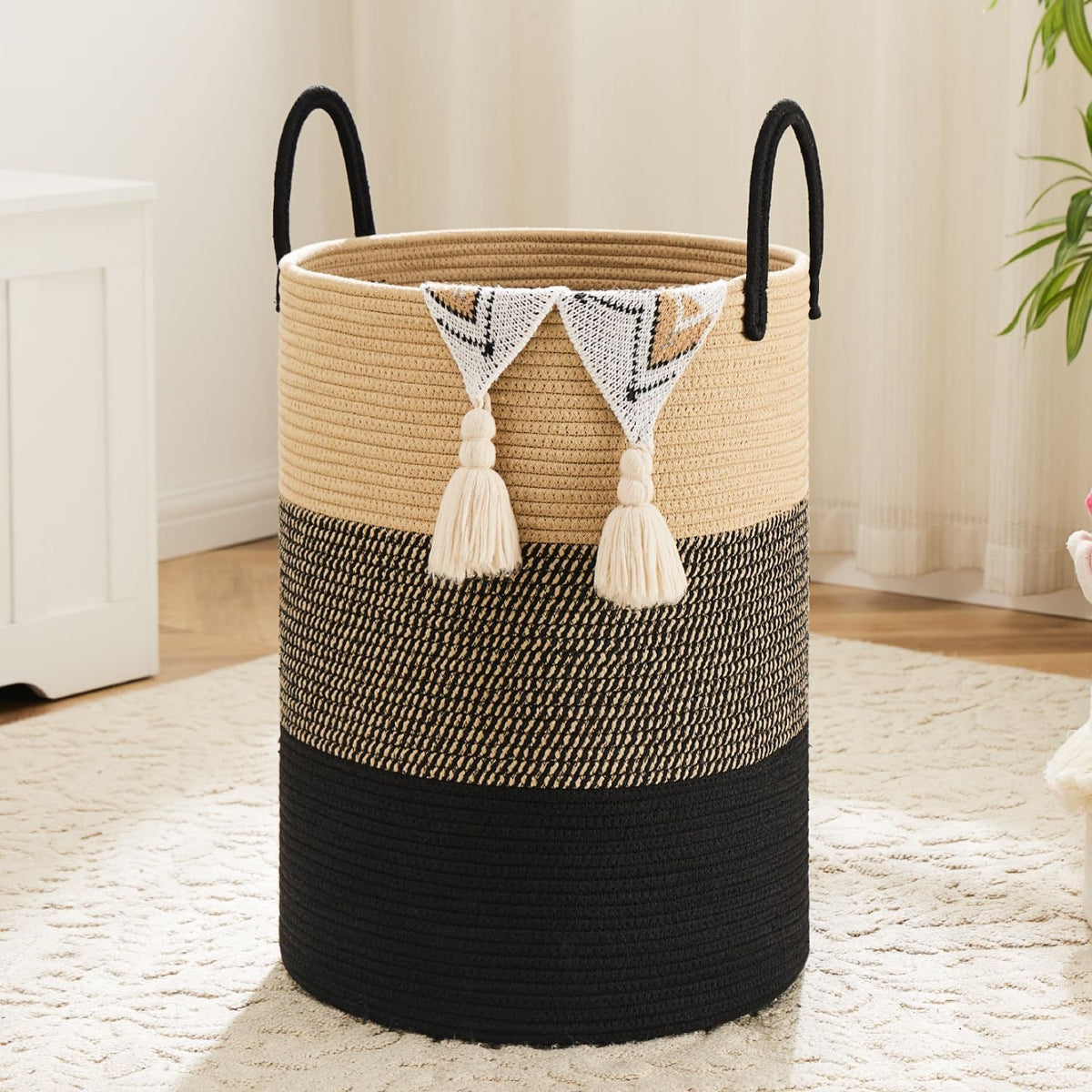 Collapsible Woven Rope Laundry Basket & Hamper - 4 Sizes (12-26 Gal), Cotton Rope Storage Basket for Dirty Clothes, Blankets & Toys, Boho Bathroom Nursery & Living Room Decor