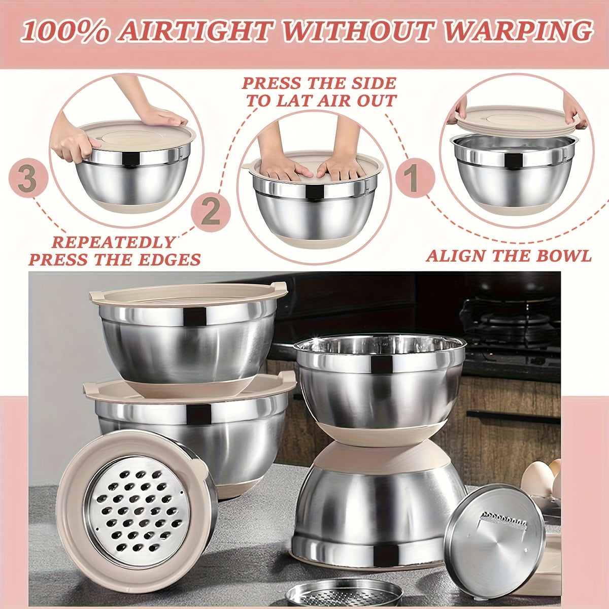 Stainless Steel Mixing Bowl Set - 304 Food-Safe Bowls for Cooking Baking and Food Prep - Versatile Kitchen Mixing Bowls for Salad Fruit Noodles and Baking Ingredients