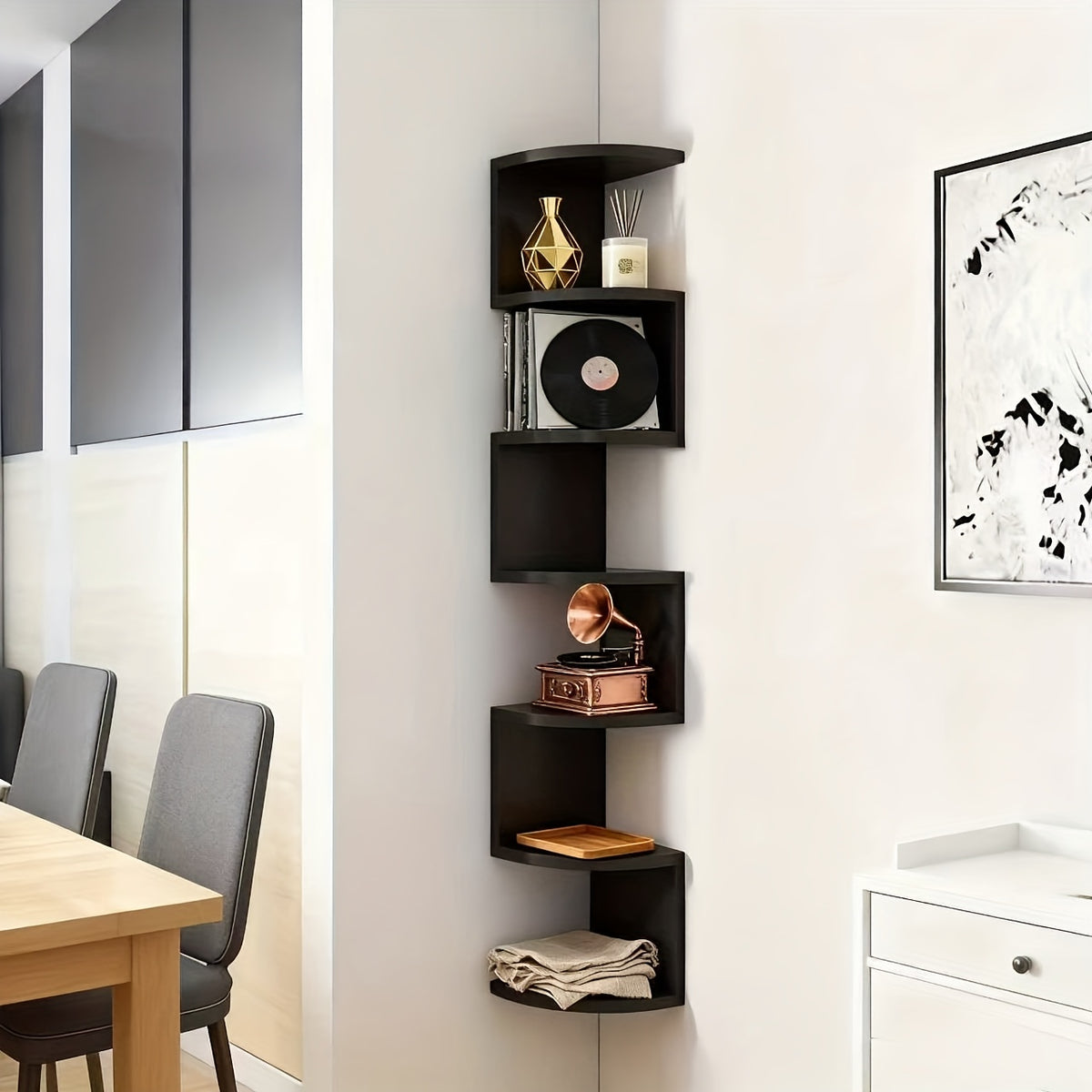 7-Layer Corner Storage Shelf Rack Freestanding Plastic Space Saving Organizer for Kitchen Bathroom Office Living Room Bedroom Black White Easy Assembly Apartment Home Corner Rack Stand