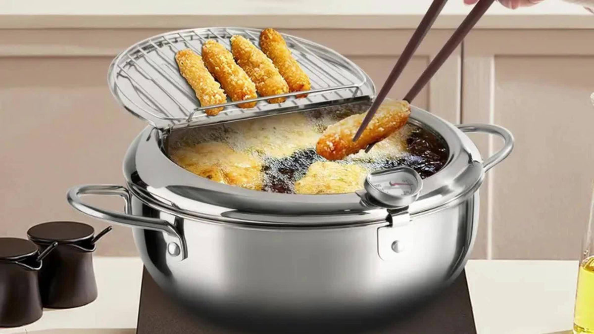 Stainless Steel Tempura Deep Fryer with Thermometer, Lid & Drip Strainer – Temperature Control Pot for Frying Boiling Steaming at Home