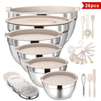 26-Piece Stainless Steel Mixing Bowl Set with Lids & Kitchen Tools – 6 Bowls (1.1–4.5 QT), Anti-Slip Silicone Base, Ideal for Baking, Salad & Meal Prep