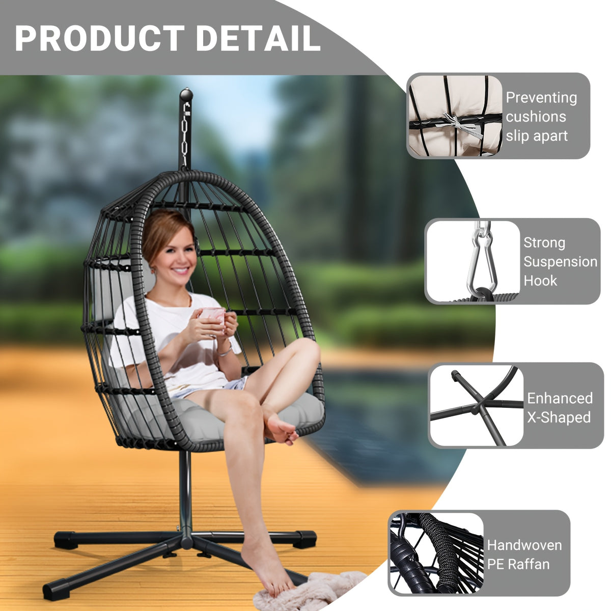Egg Chair with Stand Rattan Wicker Outdoor Swing Hammock Chair Thickened Aluminum Frame UV-Resistant Cushion 350LBS Single or Two-Seater