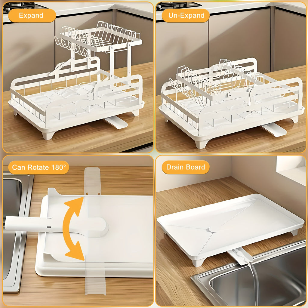 2-Tier Dish Drying Rack with Drainboard – Large Carbon Steel Dish Drainer with Glass & Utensil Holders, Drying Mat, Rust-Resistant, for Kitchen Countertop – Foldable & Double Layer Options