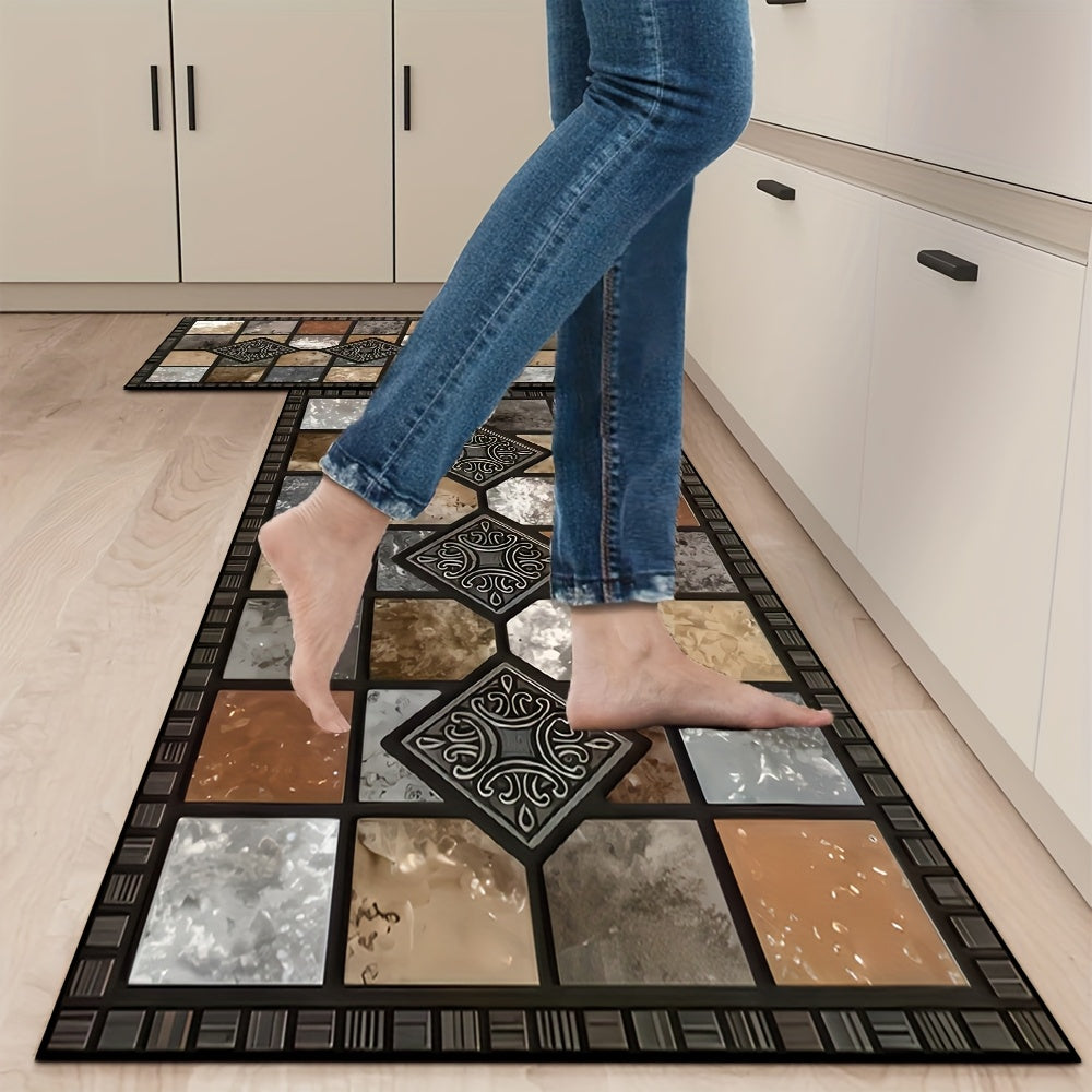 Vintage Plaid Kitchen Mat Set 2 Piece Brown Absorbent Non-Slip Fast Drying Machine Washable Floor Mats for Bathroom Kitchen Hallway Laundry Room
