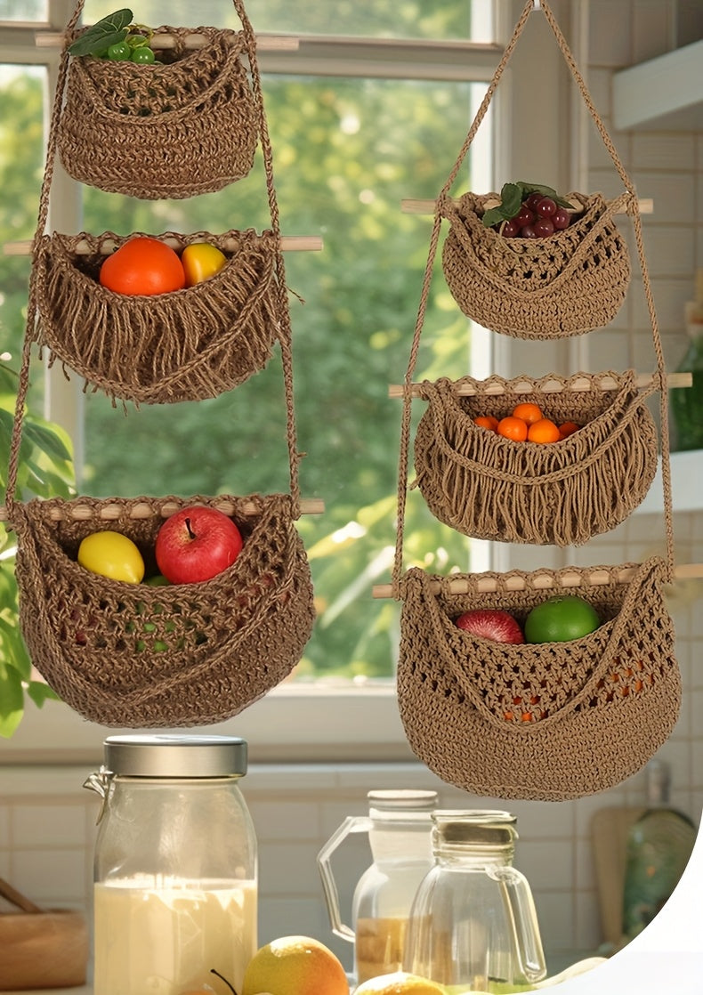 3-Tier Hanging Cotton Rope Basket - Boho Handwoven Wall Storage Organizer for Fruits, Vegetables & Essentials, Farmhouse Decor for Kitchen, Bathroom, Living Room & Bedroom