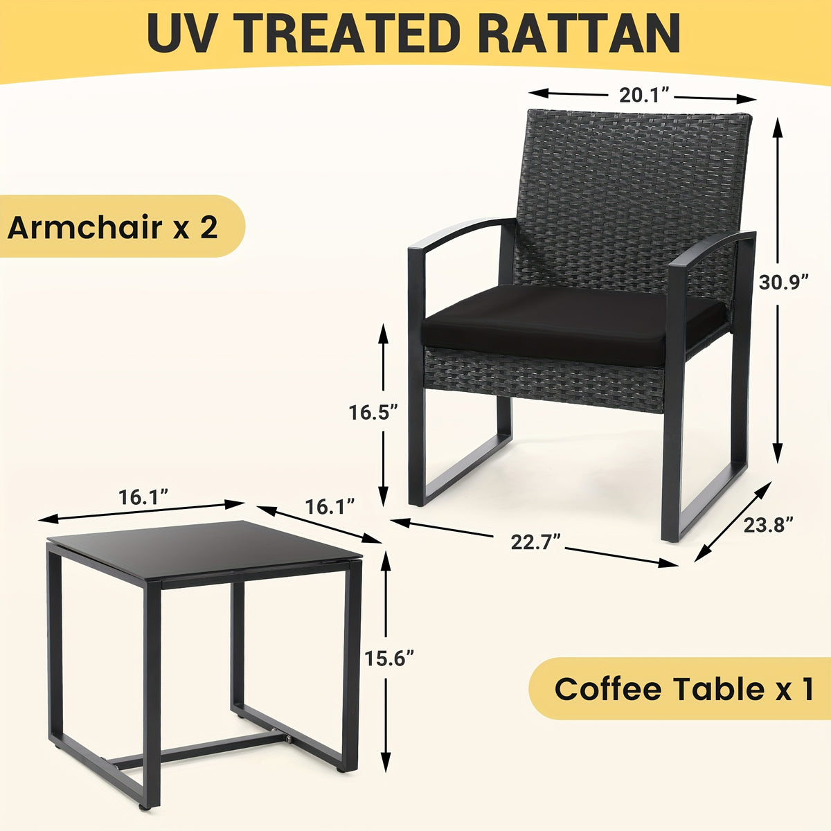 Rattan Bistro Set 3 Piece Outdoor Patio Furniture with 2 Chairs & Glass Top Table, Plush Cushions Conversation Set for Backyard, Balcony and Garden, Black Rattan Frame