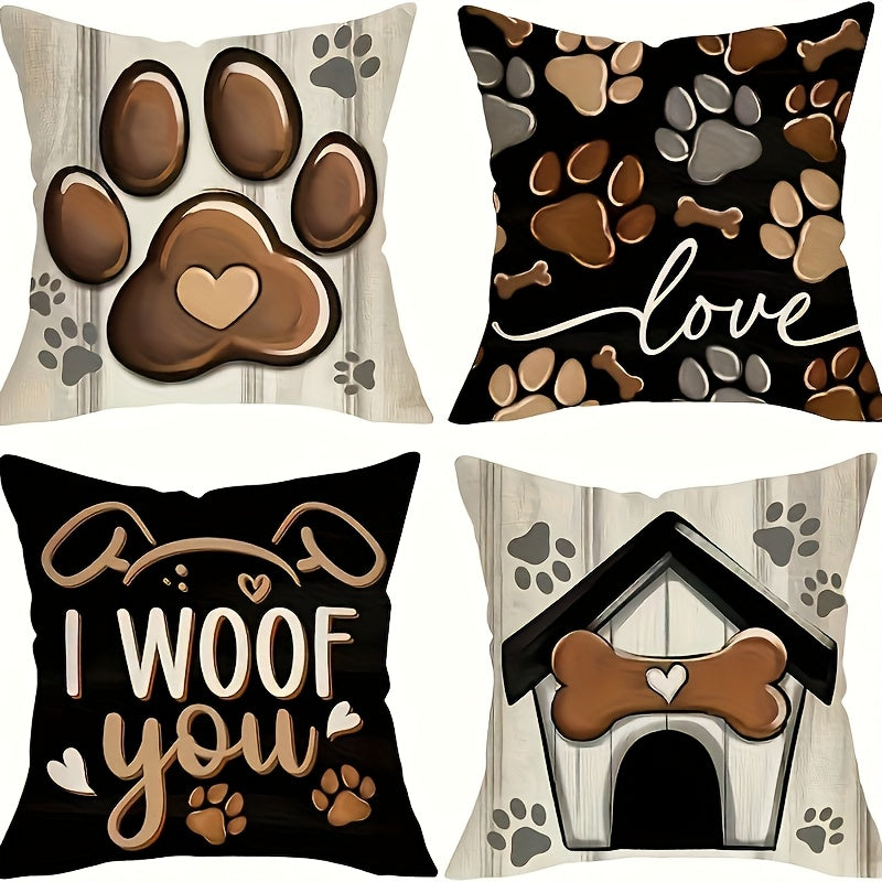 Dog Paw Print Pillow Covers Set of 4, 18x18 Inch Black Double-Sided Rustic Cottage Cushion Covers with Zipper, Outdoor Porch Home Decor Gift for Dog Lovers & Pet Owners