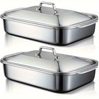 Stainless Steel Baking Tray Set of 4 – 2 Deep Trays & 2 Lids with Handles, 16.1 Inch Non-Stick Roasting Pan, Oven & BBQ Safe, Easy Clean, Multi-Purpose