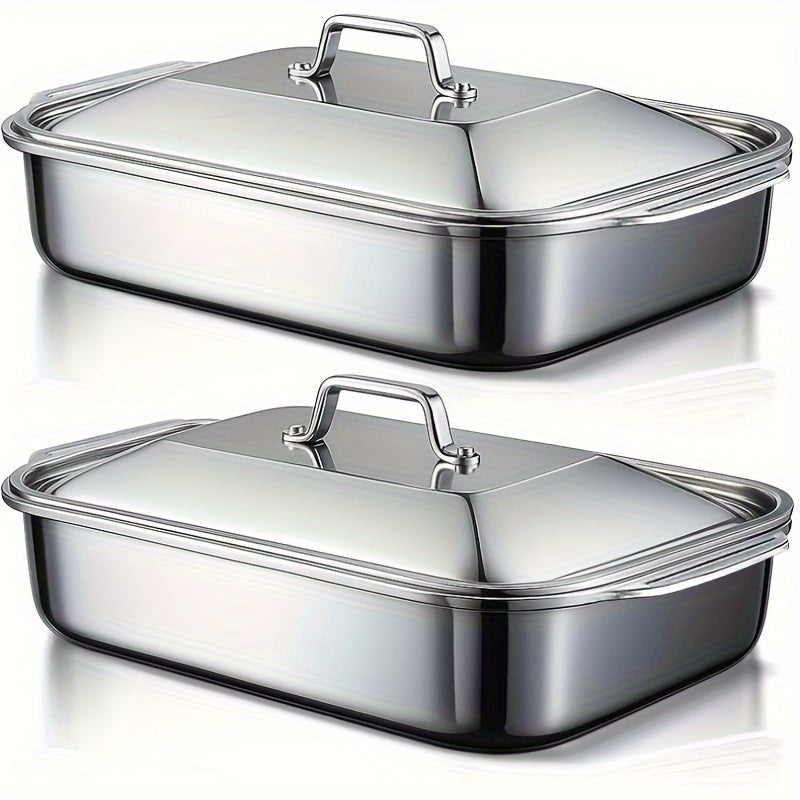 Stainless Steel Baking Tray Set of 4 – 2 Deep Trays & 2 Lids with Handles, 16.1 Inch Non-Stick Roasting Pan, Oven & BBQ Safe, Easy Clean, Multi-Purpose