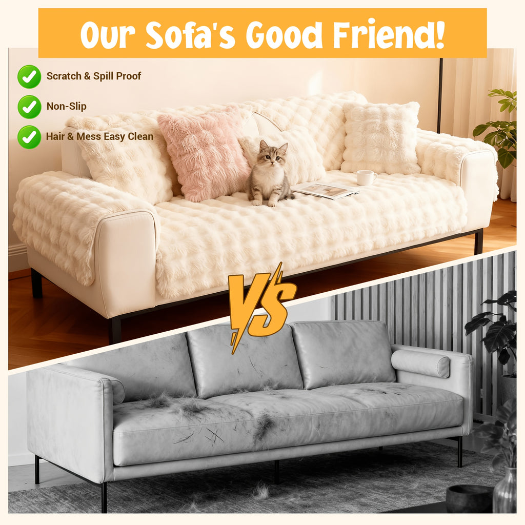 Bubble Faux Rabbit Fur Sofa Cover Non-Slip Stretchable 3/4 Seat Slipcover – Silicone Grip Breathable Furniture Protector for Living Room, Bed & Dorm, Machine Washable in Beige, Dark Grey & Khaki