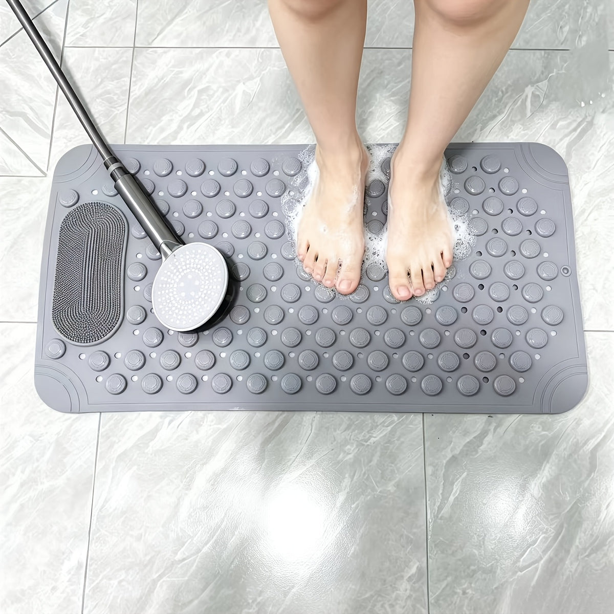 Non-Slip PVC Bath Mat with Massage Buttons, Polka Dot Pattern Shower Safety Mat, 0.35" Thick Rectangular Bathroom Mat – Dark Gray & Green