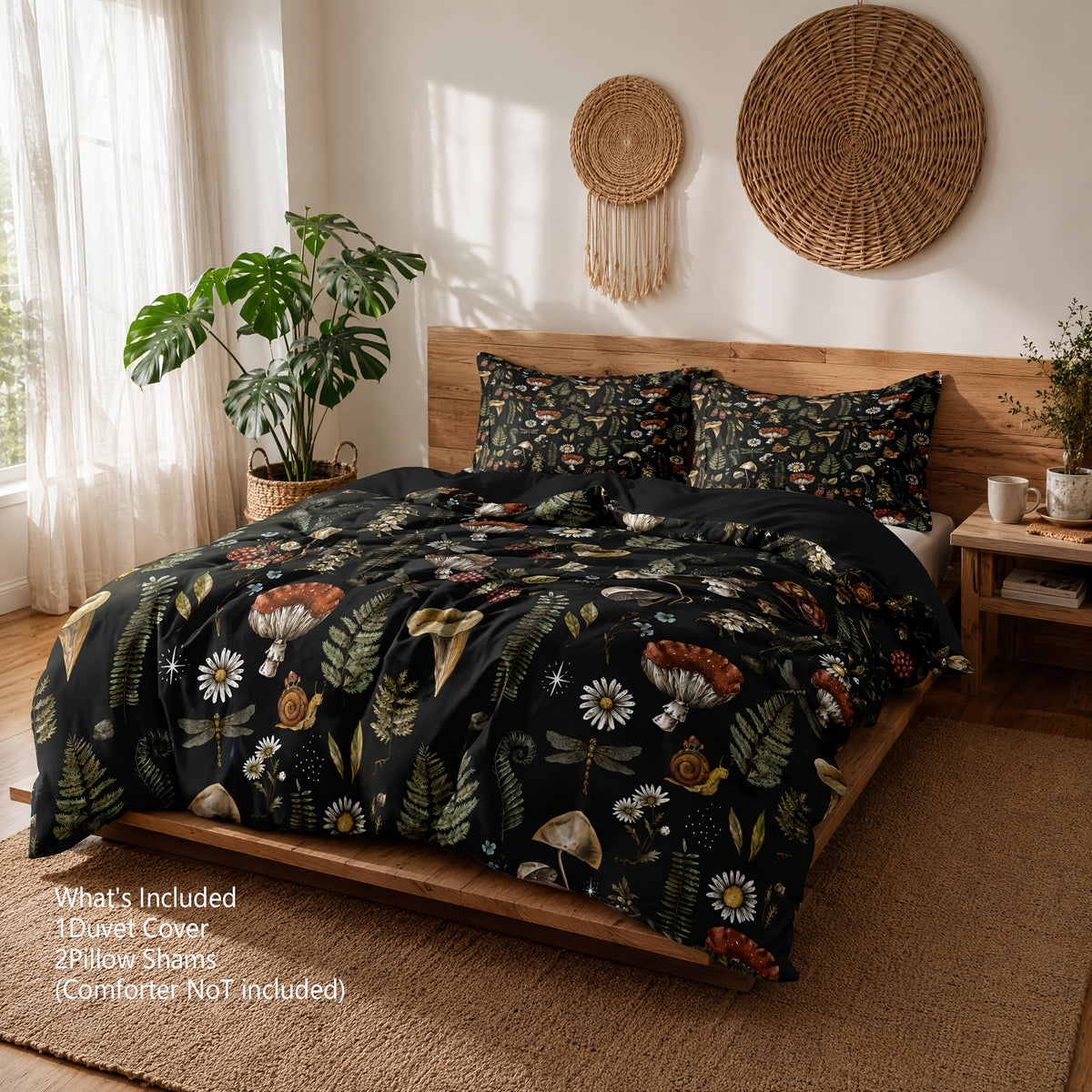 Mushroom Forest Print Duvet Cover Set 3 Piece Soft Polyester Quilt Cover with 2 Pillowcases Cottagecore Bedding Twin Full Queen King