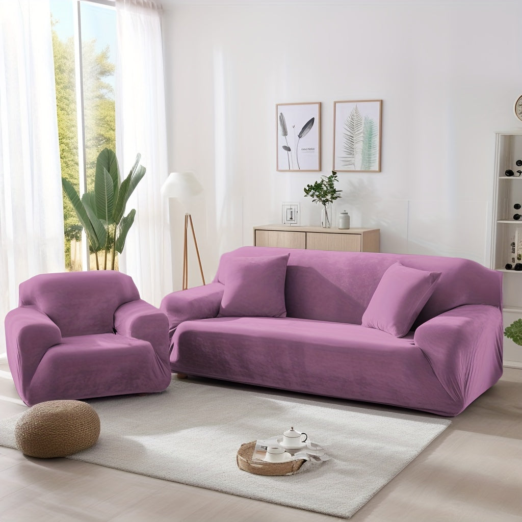 Velvet Stretch Sofa Cover Slipcover – Thick High-Elasticity Plush Couch Cover for L-Shape 1 2 3 4 Seater, Polyester Spandex Furniture Protector with Pillowcase for Living Room