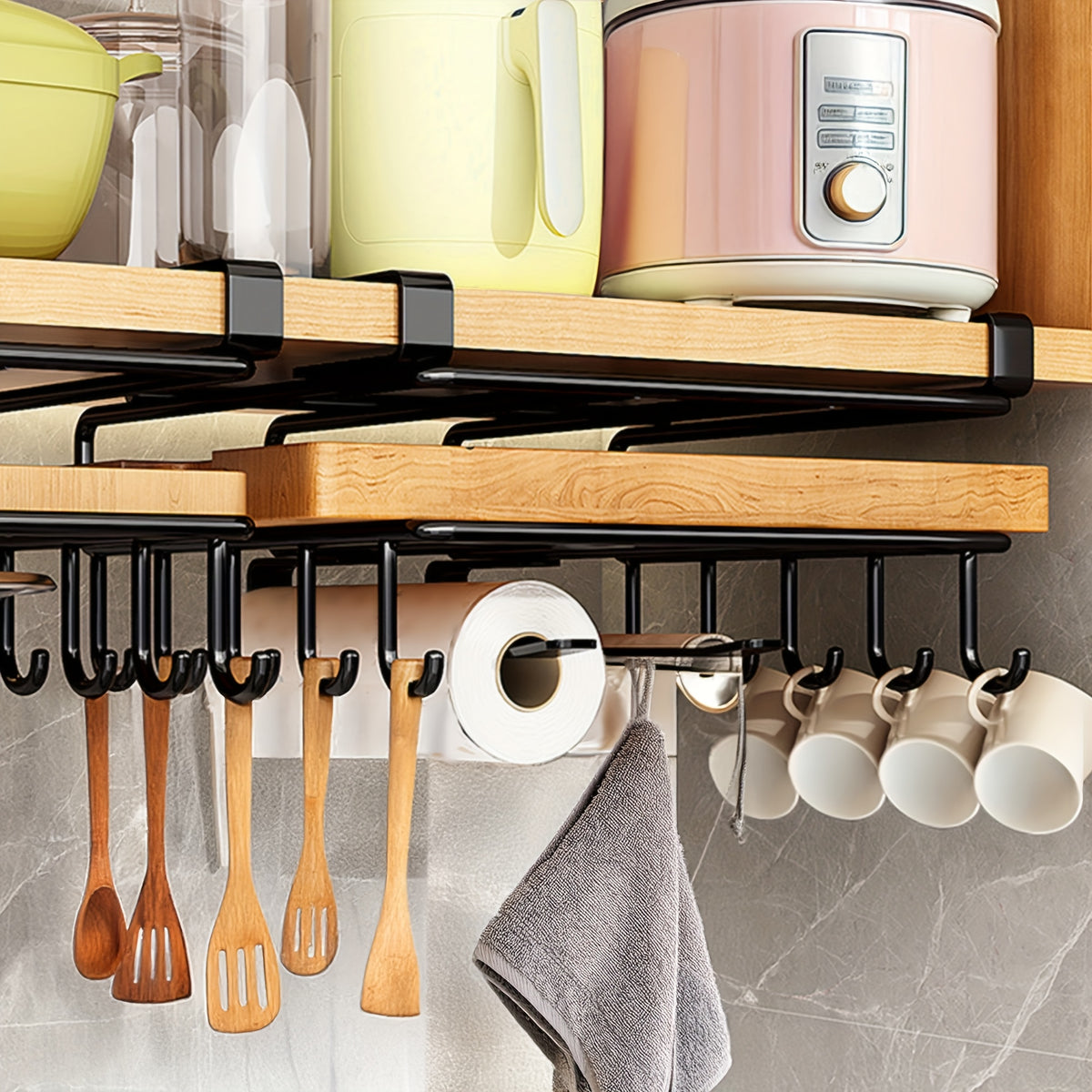 Under Cabinet Cutting Board Rack No-Drill – Carbon Steel Chopping Board Holder with Double-Row Hooks for Kitchen Utensils, Paper Towels & Spatulas | Multi-Use Under-Cabinet Storage Organizer