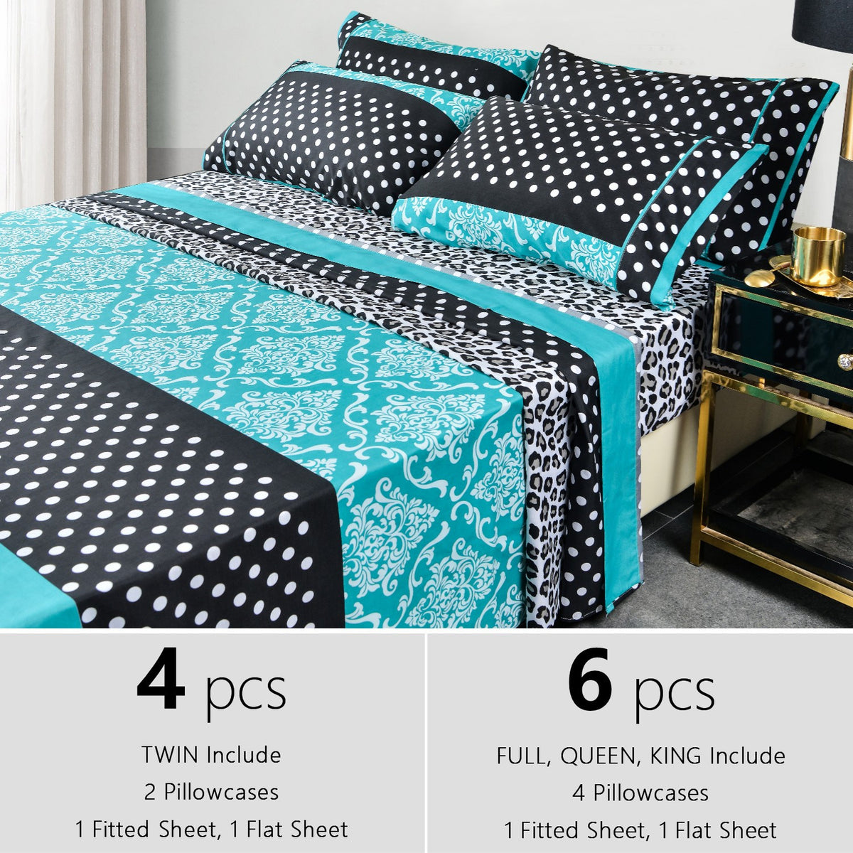 Patchwork Printed Microfiber Bed Sheet Set 4 or 6pcs – 14 Inch Deep Pocket Breathable Wrinkle Resistant, Twin Full Queen King, 3 Bold Colors