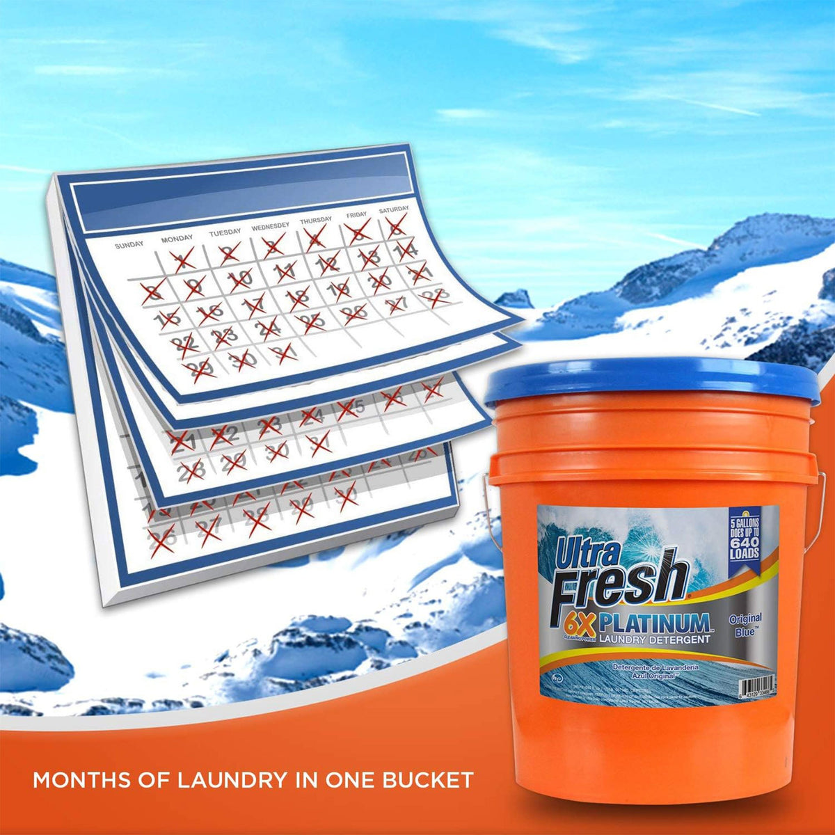 Ultra Fresh 6X Concentrated Liquid Laundry Detergent 5 Gallon with Pump, Up to 640 Loads HE Compatible All Machine Types, No Phosphates No Bleach, 4 Scent Options