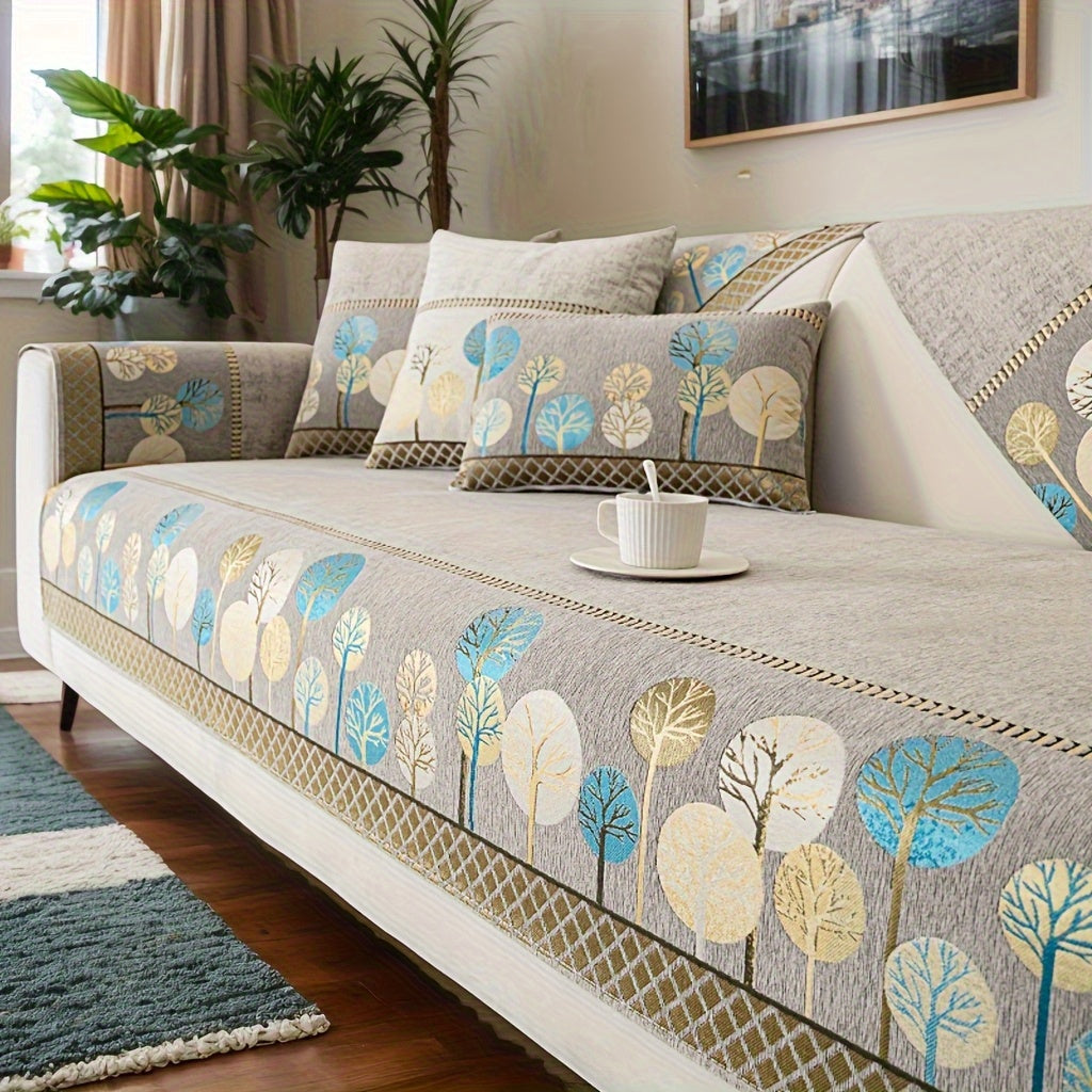 Bohemian Embroidered Sofa Cushion Cover Geometric Tree Leaf Design Pet Friendly Elegant Blue Gold for Living Room Bedroom Office All Sofa Sizes