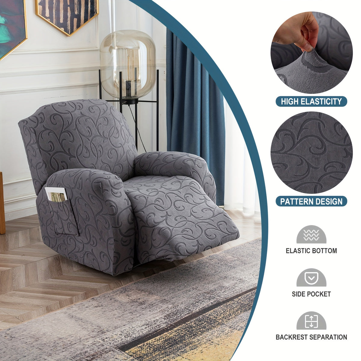 Stretch Recliner Sofa Slipcover Set of 4, Washable Couch Protector for Single Reclining Sofa with Elastic Base, Furniture Cover for Living Room