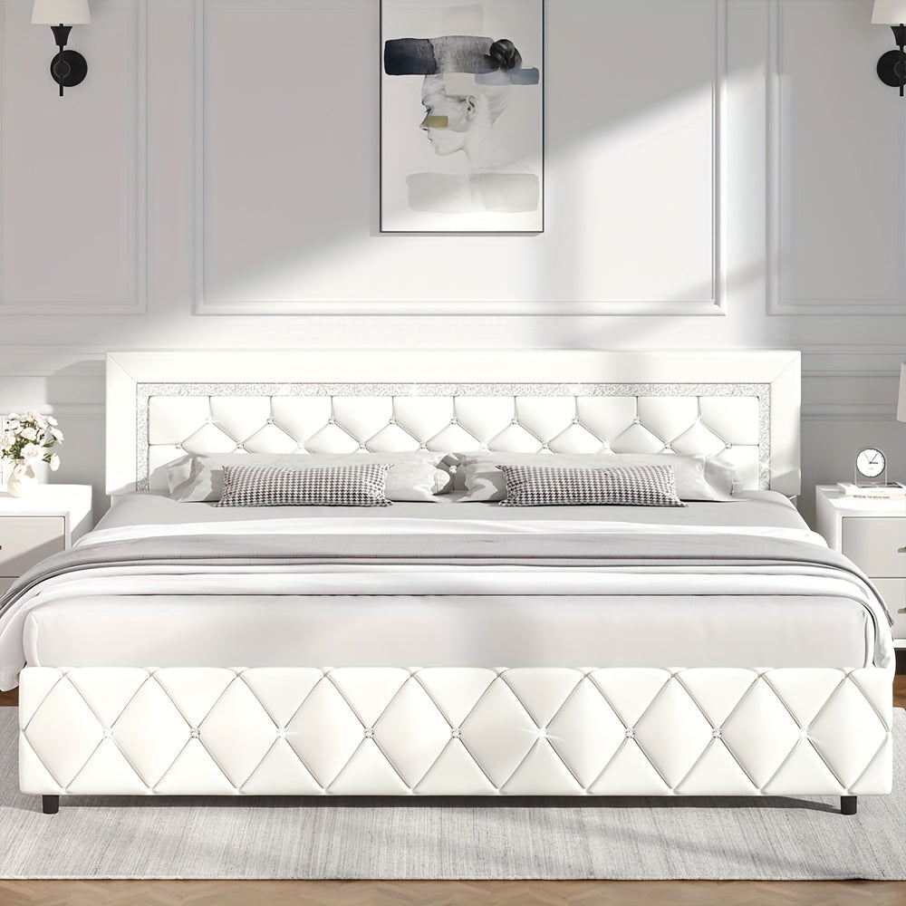 Upholstered Bed Frame with Diamond Tufted Headboard & Footboard – Faux Leather, Wooden Slats, No Box Spring Needed | Twin Full Queen King