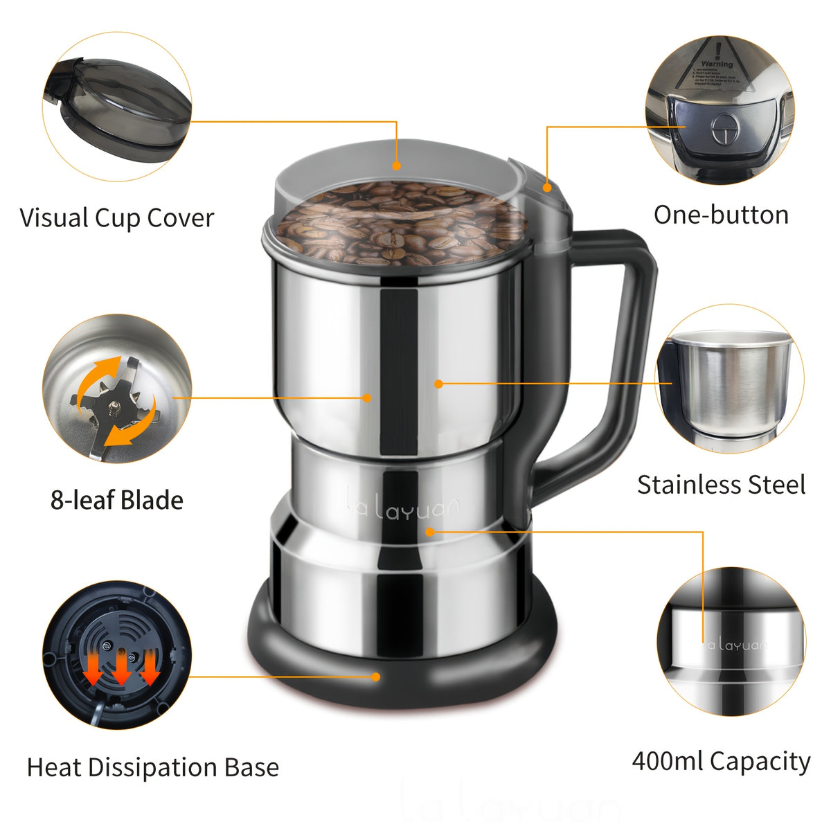 Electric Coffee Bean Grinder 300W 400g/14oz, 8-Blade Stainless Steel, One-Touch Button, Grinds Up to 36 Cups in 10 Seconds – Also for Spices, Grains & Nuts