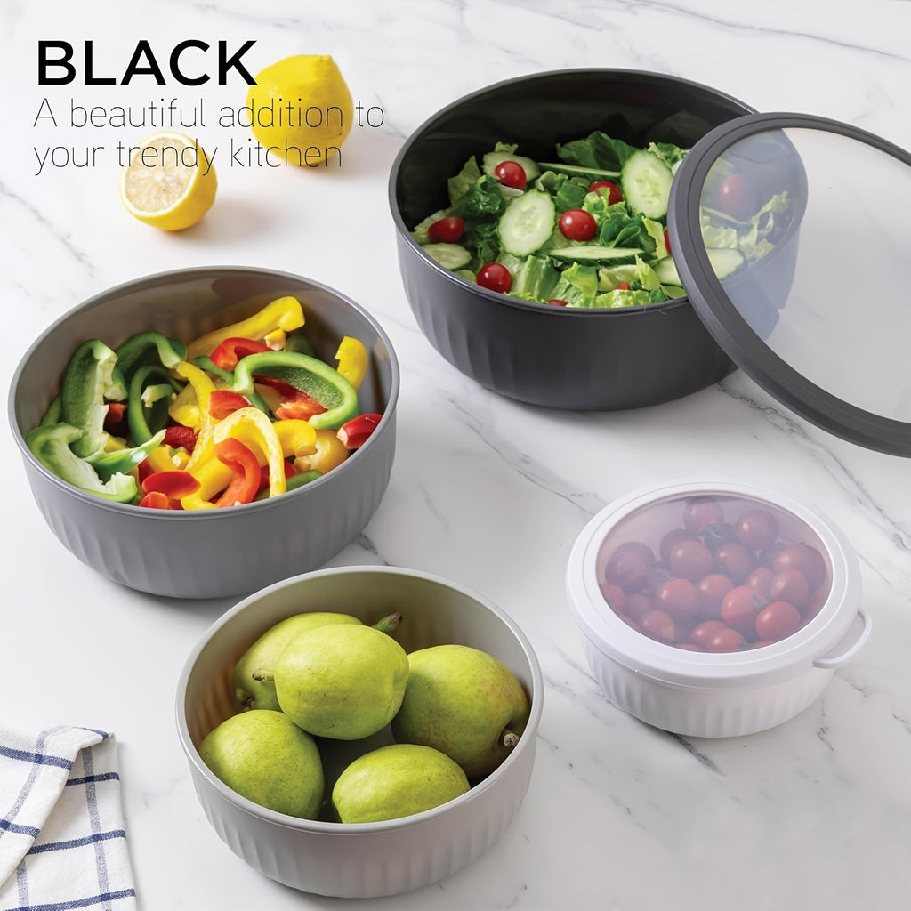 Wide Mouth Plastic Mixing Bowl Set with Lids 8 Piece 4 Bowls 4 Flip-Top Lids Multiple Sizes Food Grade Dishwasher Safe Freezer Safe Snack Salad Dressing Bowl Black Pink Blue