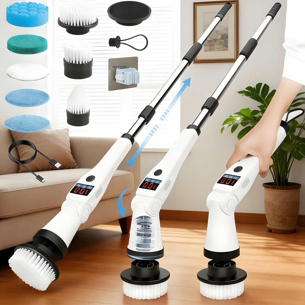Electric Spin Scrubber Cordless with 8 Replaceable Brush Heads Extension Handle 3 Speeds 90-Min Battery USB Rechargeable for Bathroom Shower Tile Grout Tub Floor Kitchen