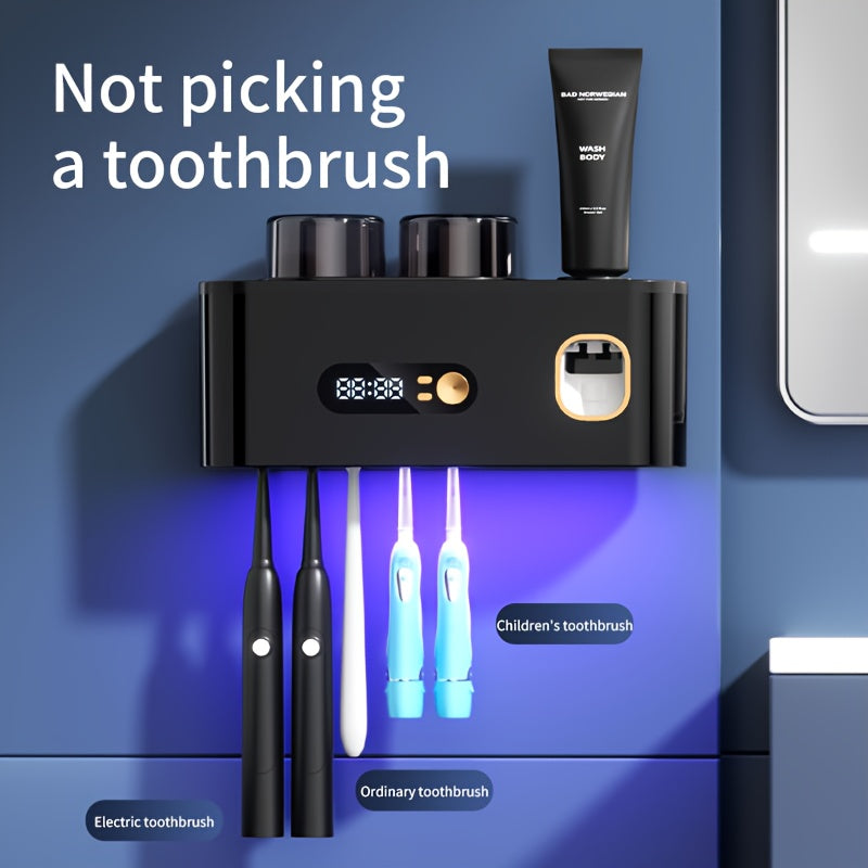 Smart Toothbrush Sterilizer & Organizer with Automatic Toothpaste Dispenser, 5-Slot Holder, 2 Rinse Cups, USB Rechargeable & Clock Display – Modern Bathroom Caddy