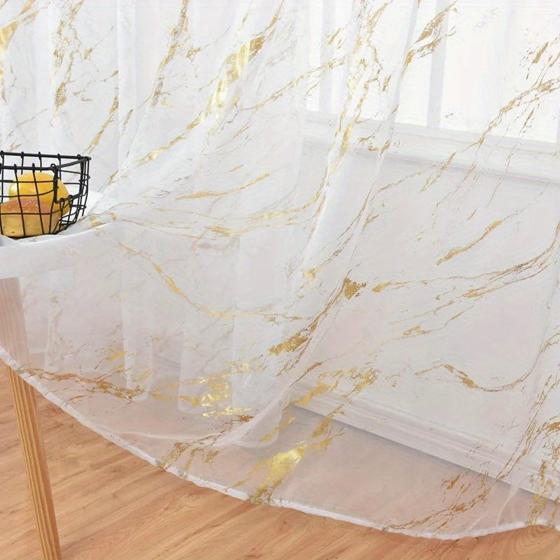 Marble Pattern Sheer Curtains Set of 2, Gold Silver Metallic Foil Semi-Sheer Rod Pocket Panels for Living Room Bedroom, 4 Sizes Available