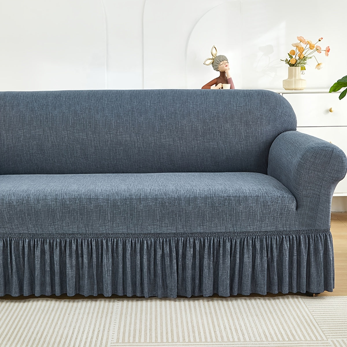 Elastic Sofa Cover with Skirt Full Coverage Printed Slipcover Machine Washable Universal Fit 2 3 4 Seater Couch Protector Living Room