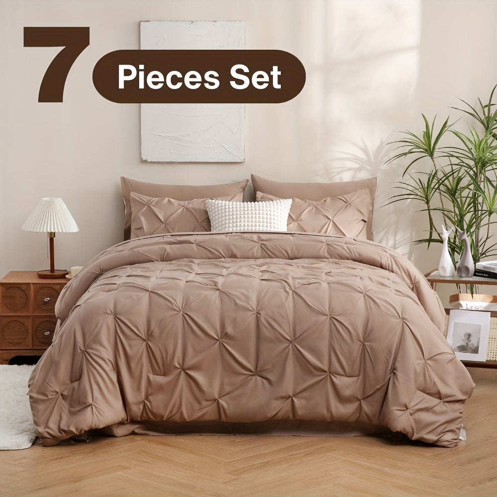 5/7pcs Pintuck Bed In A Bag Comforter Sets, Pinch Pleat Complete Bedding Sets with Comforter, Sheets & Pillowcases, Queen/King Size, All Season
