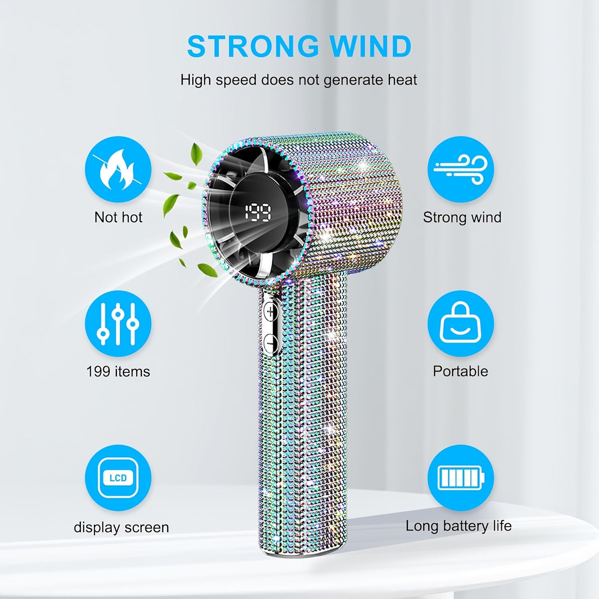 Luxury Diamond Handheld Mini Fan USB Rechargeable 199-Speed Portable Turbo Fan – Personal Cooling for Travel, Office, Outdoor, Camping & Home Summer Use