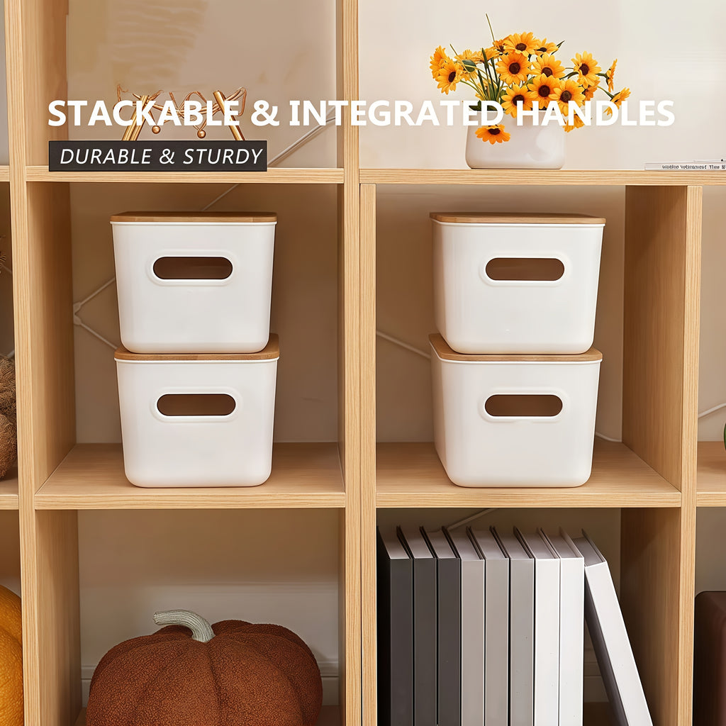 Storage Bins with Lids Wood Top, Plastic Stackable Storage Containers with Handle & Labels, Organizer Boxes for Home, Office, Bookshelf, Playroom & Medicine Cabinet, White, Set of 1/2/4/8