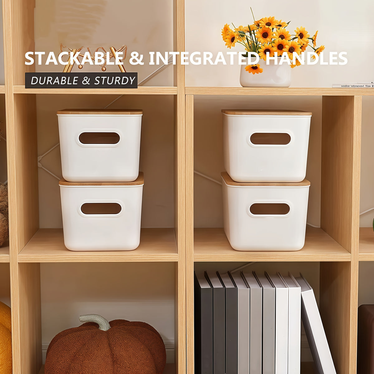 Storage Bins with Lids Wood Top, Plastic Stackable Storage Containers with Handle & Labels, Organizer Boxes for Home, Office, Bookshelf, Playroom & Medicine Cabinet, White, Set of 1/2/4/8