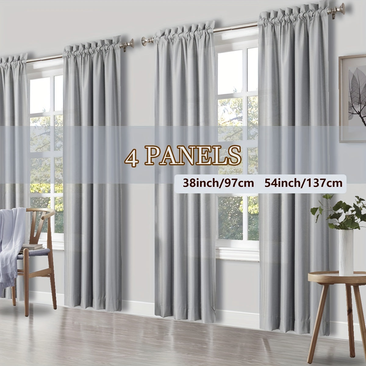 Solid Color Rod Pocket Light Filtering Curtains – 4 Panels Set for Living Room, Bedroom & Office | Multiple Sizes & 10 Colors | Simple Modern Window Panels