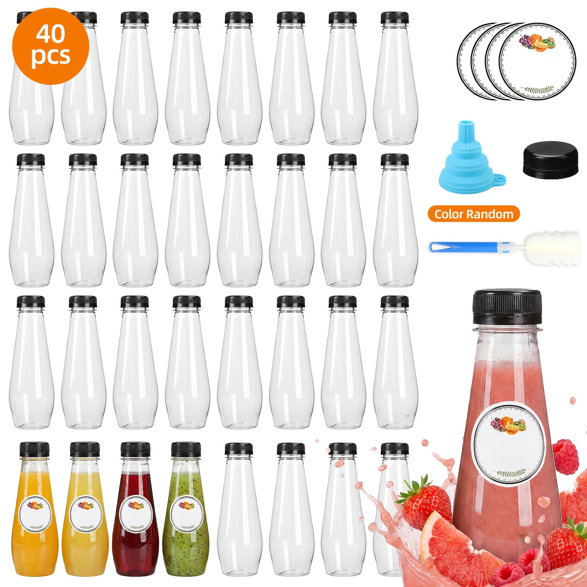 Empty Plastic Juice Bottles with Caps 12oz Set of 40 | Clear Cone Bulk Reusable Bottles for Juice Smoothies Tea Coffee