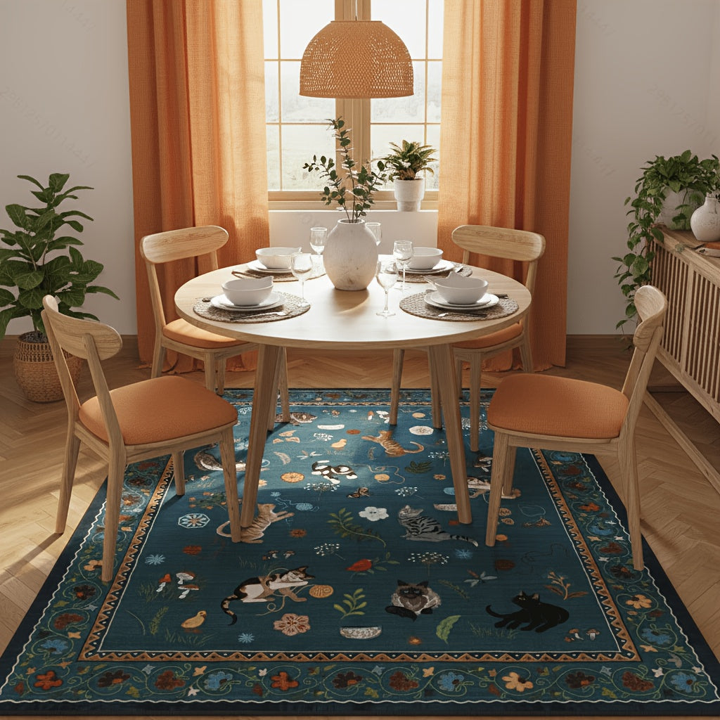 Boho Cat Print Area Rug Low Pile Non-Slip Floral Vintage Indoor Carpet for Living Room Bedroom Dining Room Runner Round Large