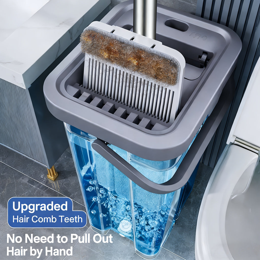 Hands-Free Flat Mop with Bucket 8-Piece Set Including 6 Microfiber Pads and Gloves, 360 Rotating Dry Wet Floor Mop for Bedroom Kitchen Bathroom, Household Cleaning Mop with Bucket Scraper and Wringer