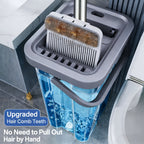 Hands-Free Flat Mop with Bucket 8-Piece Set Including 6 Microfiber Pads and Gloves, 360 Rotating Dry Wet Floor Mop for Bedroom Kitchen Bathroom, Household Cleaning Mop with Bucket Scraper and Wringer