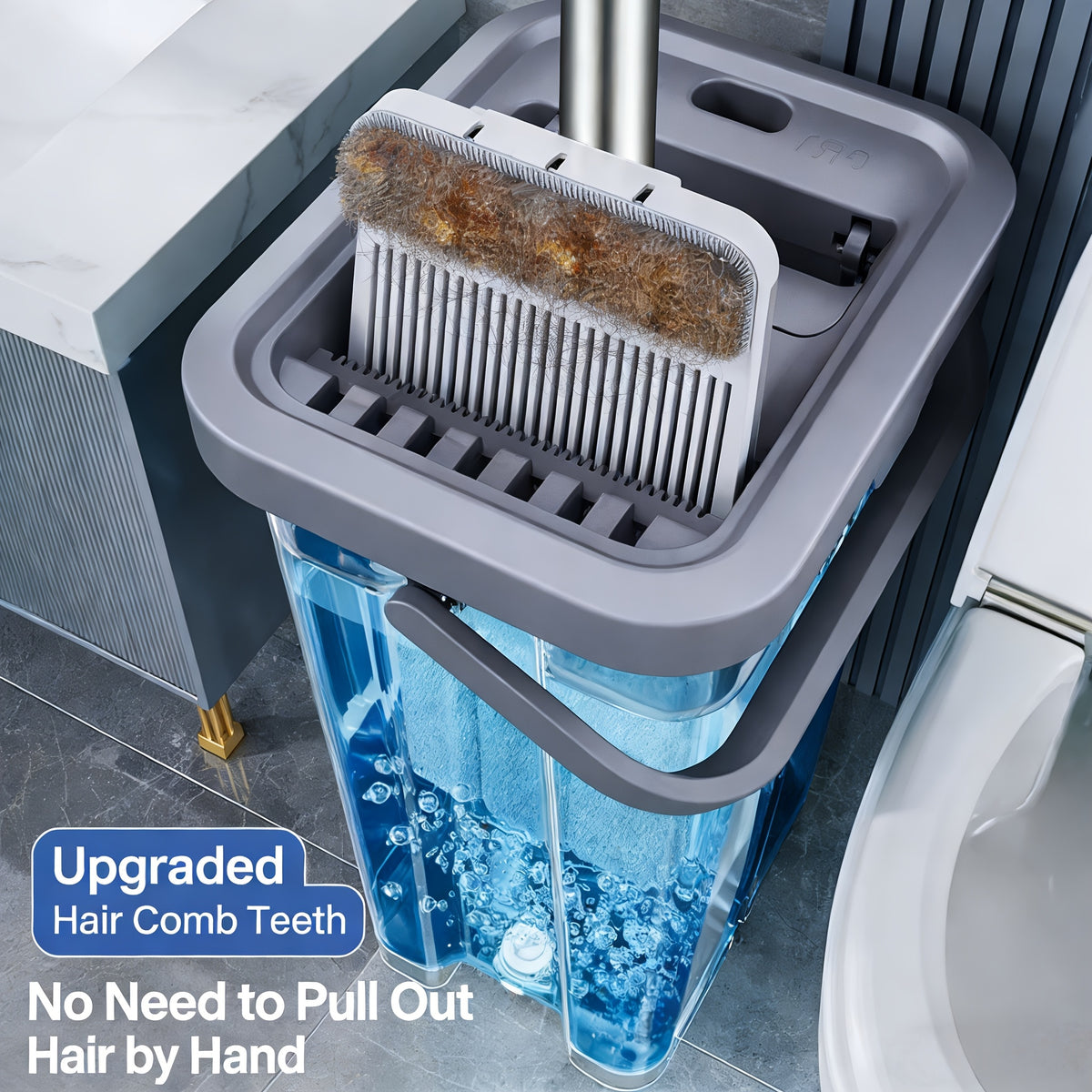 Hands-Free Flat Mop with Bucket 8-Piece Set Including 6 Microfiber Pads and Gloves, 360 Rotating Dry Wet Floor Mop for Bedroom Kitchen Bathroom, Household Cleaning Mop with Bucket Scraper and Wringer