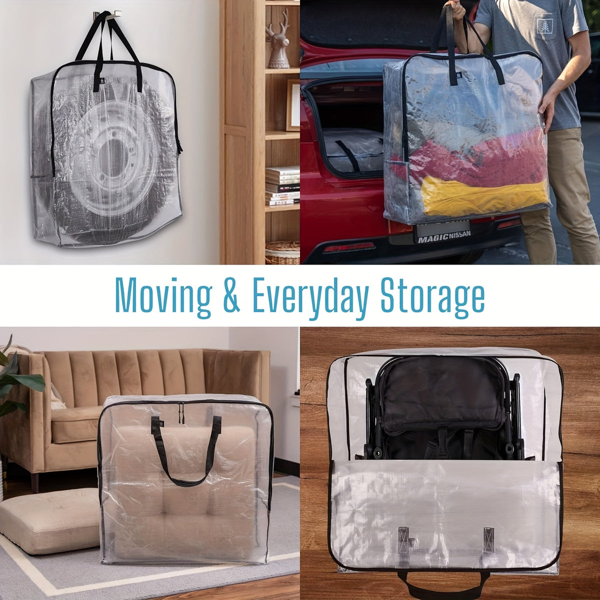 Extra Large Clear Storage Bags with Zipper & Heavy-Duty Handles – 30-Inch Transparent Organizer Bags for Christmas Decorations, Wreaths, Garlands, Clothes, Blankets & Moving, Set of 2 or 4