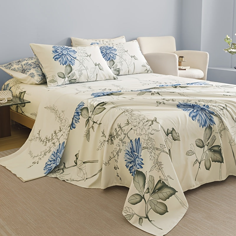 Floral Sheet Set 4 Piece – Fresh Natural Flower Plant Print Fitted Sheet Flat Sheet 2 Pillowcases, Soft Breathable All-Season Bedding for Bedroom & Dorm