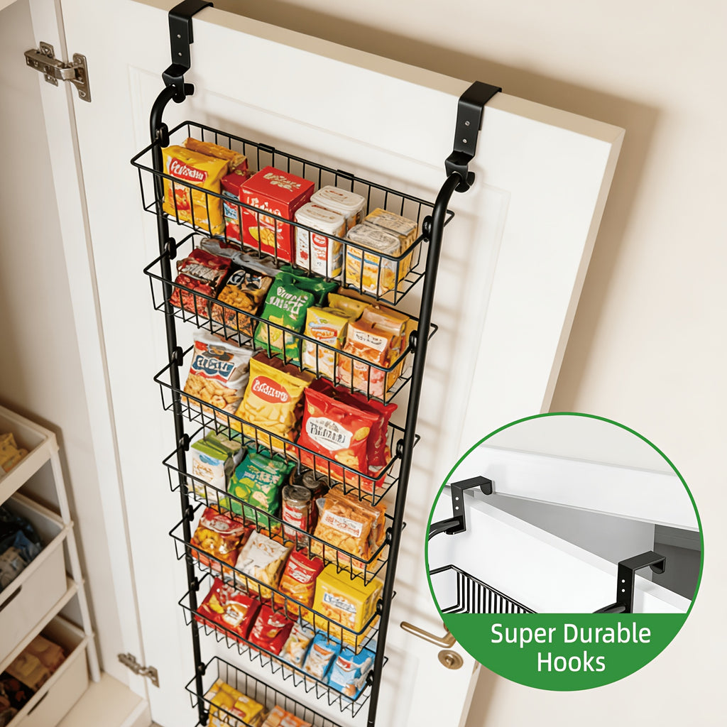 Door-Mounted Metal Storage Rack 6 or 8-Tier, Multi-Room Door-Hanging Organizer Shelf for Kitchen, Living Room, Bedroom, Laundry Room & Bathroom – Black or White