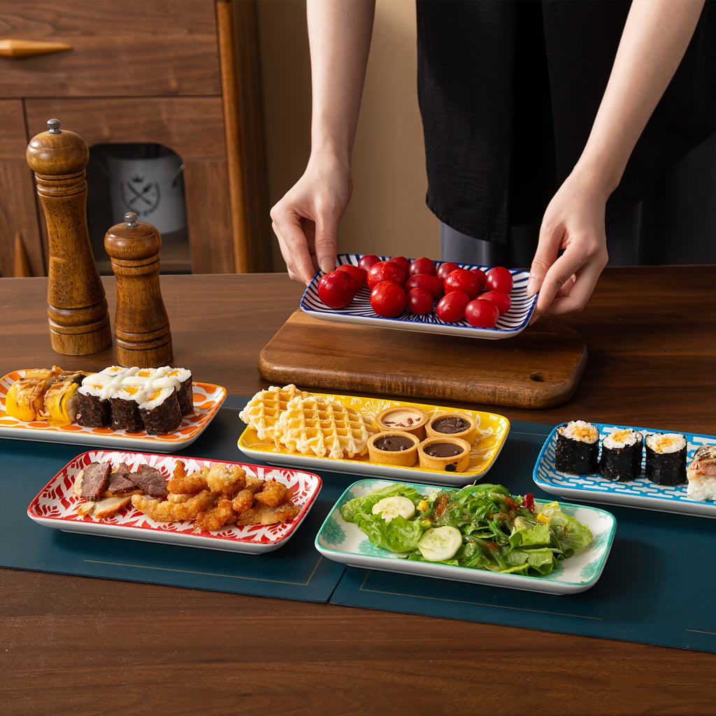 Ceramic Rectangular Serving Plates Set of 6 - Porcelain Sushi Platters 8 Inch with Blue White & Assorted Patterns, Microwave Dishwasher Oven Safe Dinnerware for Sushi Salad Dessert Appetizers
