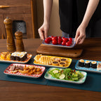 Ceramic Rectangular Serving Plates Set of 6 - Porcelain Sushi Platters 8 Inch with Blue White & Assorted Patterns, Microwave Dishwasher Oven Safe Dinnerware for Sushi Salad Dessert Appetizers